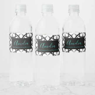 Classic Geo pattern black and white personalized Water Bottle Label