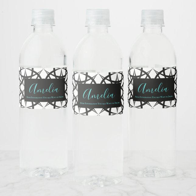 Classic Geo pattern black and white personalized Water Bottle Label (Bottles)