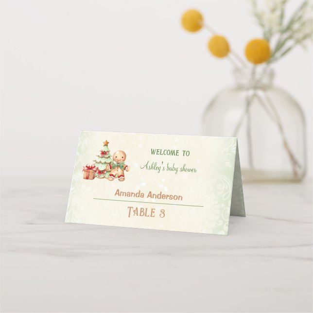 Classic Gingerbread Christmas Baby Shower Tent Place Card (Front)