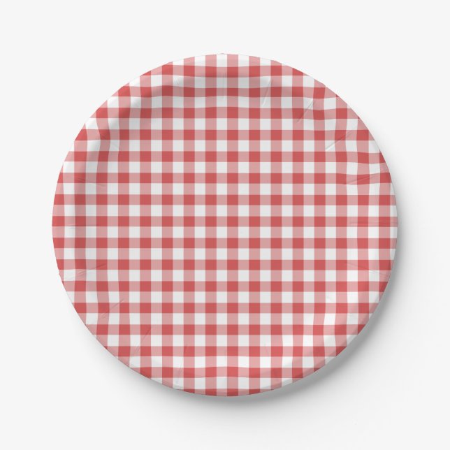 Classic Gingham Coral Red Paper Plate (Front)