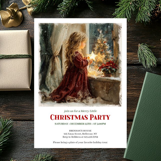 Classic girl awaits Santa printable Christmas  Invitation (Classic girl awaits Santa printable Christmas invite)