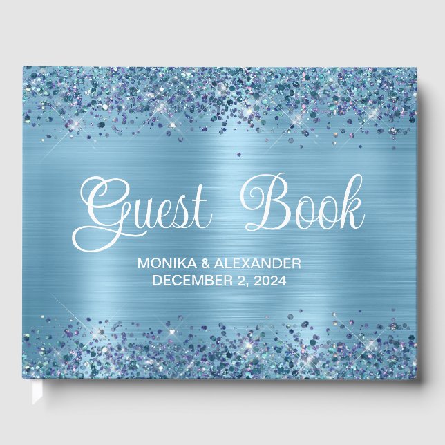 Classic Glittery Baby Blue Foil Wedding Guest Book (Front)