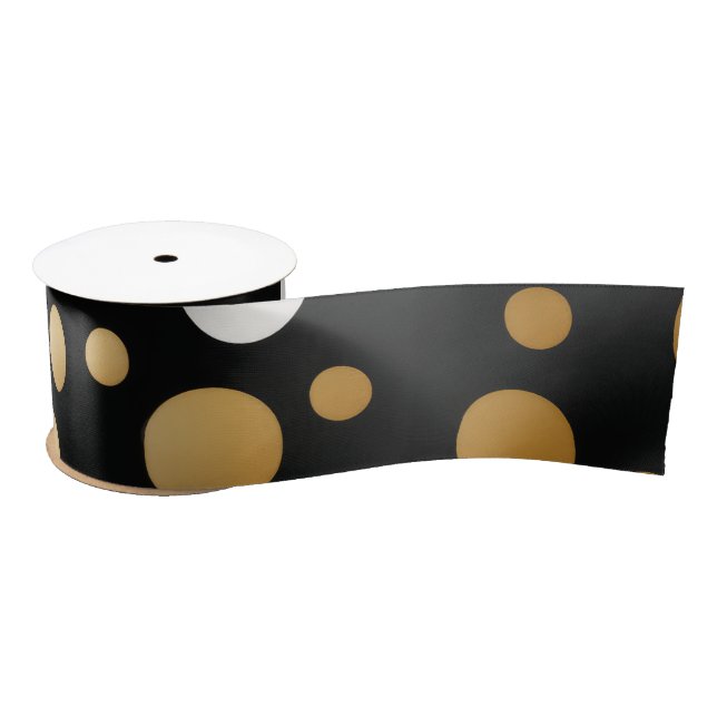 Classic Gold Accented Black and White Polka Dot Satin Ribbon (Spool)