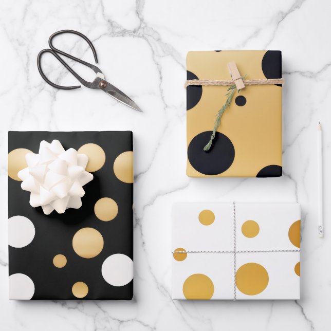 Classic Gold Accented Black and White Polka Dot Wrapping Paper Sheet (Front)