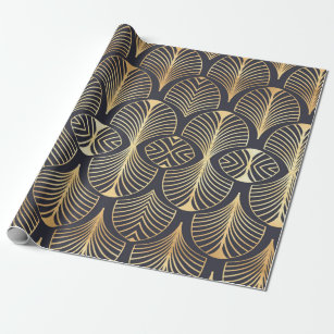 Classic Gold and Black Art Deco Fan Design on Wrapping Paper