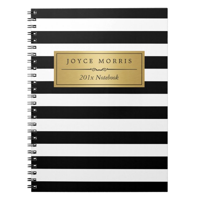 Classic Gold and Elegant Black White Stripes Notebook (Front)