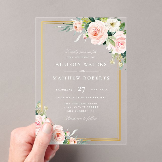 Classic gold and pink blush floral wedding acrylic invitations (Insitu (Handheld))