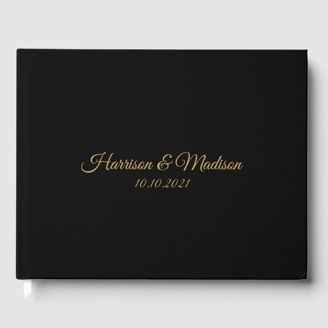 Classic gold black custom script elegant Wedding Guest Book (Front)