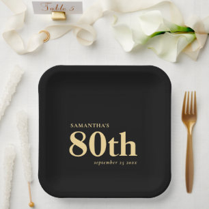 Classic Gold Black Custom Text 80th Name Date Paper Plate