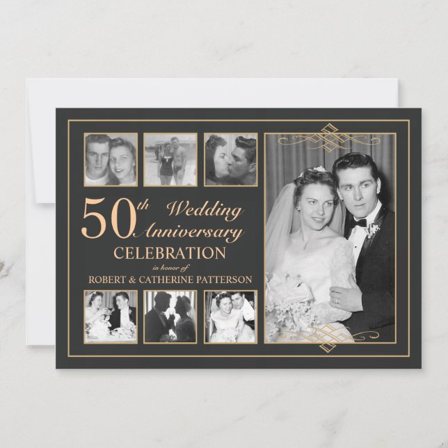 Classic Gold & Black Photo Wedding Anniversary Invitation (Front)