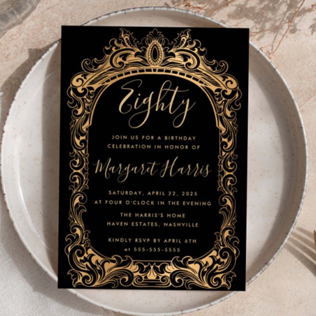 Classic Gold Border Black 80th Eighty Birthday Invitation (Creator Uploaded)