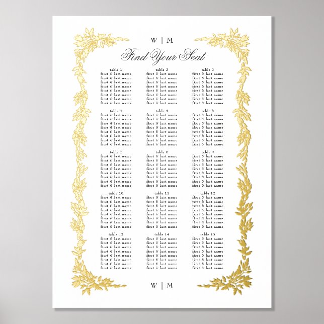 classic gold botanicals Wedding table seating plan Foil Prints (Front)