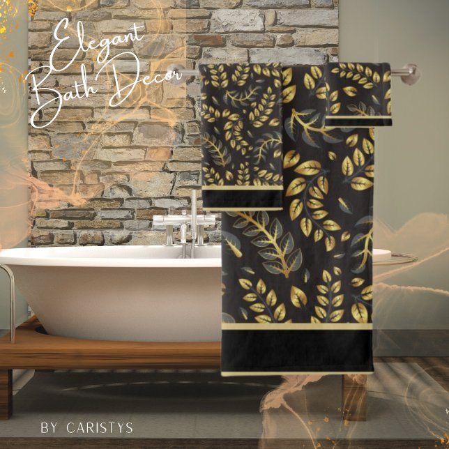 Classic Gold Bronze Leaves on Black  Bath Towel Set (Creator Uploaded)