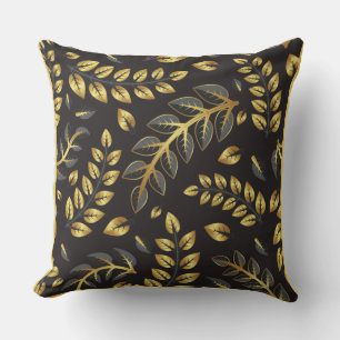 Classic Gold Bronze Leaves on Black  Throw Pillow