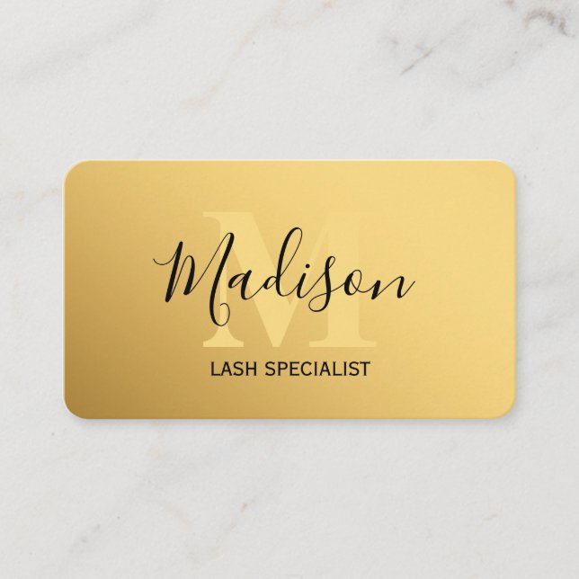 Classic Gold Brushed Metal Monogram Stylish Script Business Card (Front)