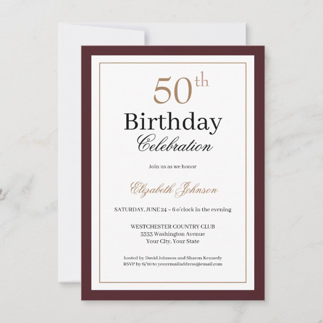 Classic Gold Burgundy 50th Birthday Party Invitation (Front)