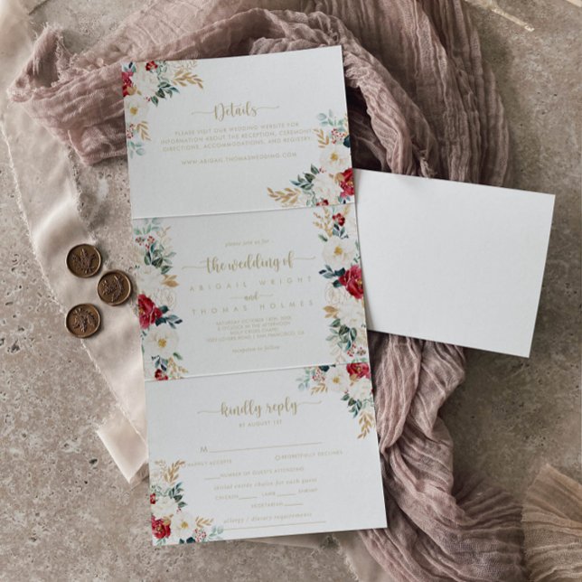 Classic Gold Burgundy White Floral Wedding Tri-Fold Invitation (Creator Uploaded)