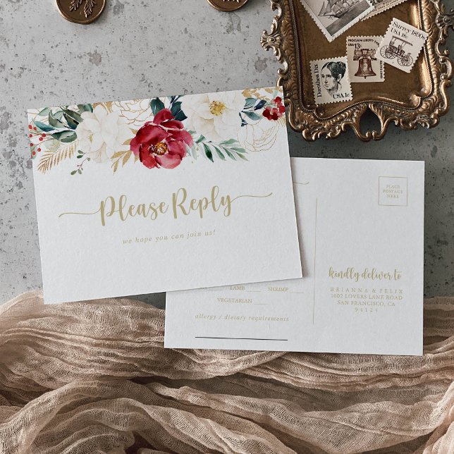 Classic Gold Burgundy White Menu Choice Rsvp Postcard (Creator Uploaded)