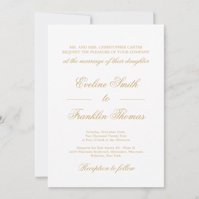 Classic gold calligraphy script lettering wedding invitation (Front)