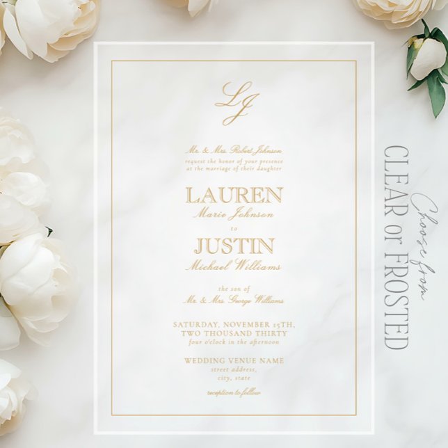 Classic Gold Calligraphy Script Monogram Wedding Acrylic Invitations (Creator Uploaded)