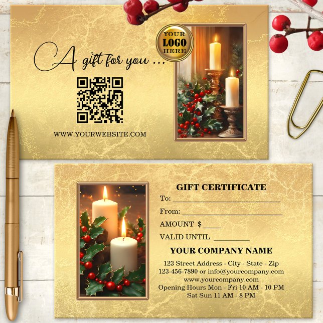 Classic Gold Christmas Candles Holly Gift Card (A festive gift certificate featuring a classic Christmas design in gold with candles and holly)