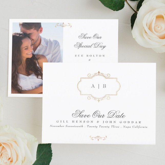 classic gold crest monogram photo save the date announcement (Creator Uploaded)