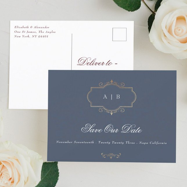 classic gold crest Nave Blue Foil Save The Date Announcement Postcard (Creator Uploaded)