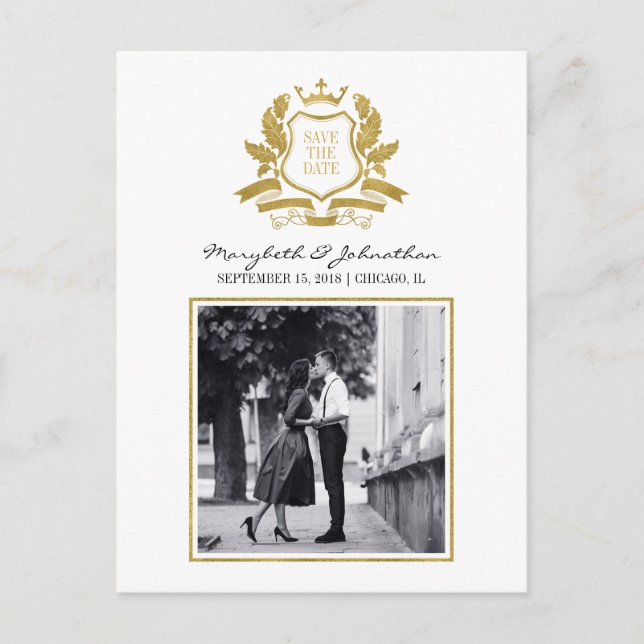 Classic Gold Crest Save The Date Postcard (Front)