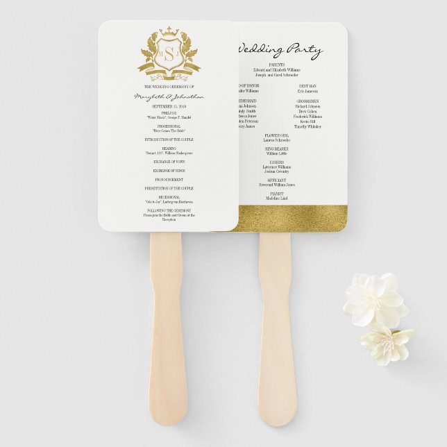 Classic Gold Crest Wedding Program Hand Fan (Front and Back)