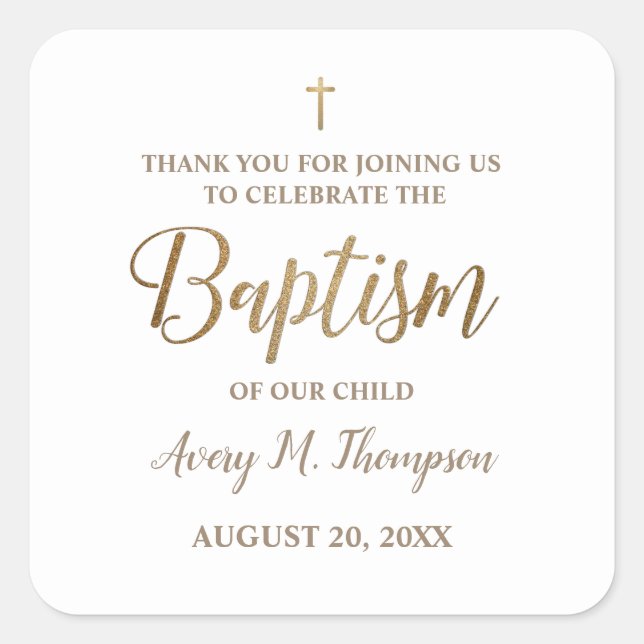 Classic Gold Cross Baby baptism thank you Square Sticker (Front)