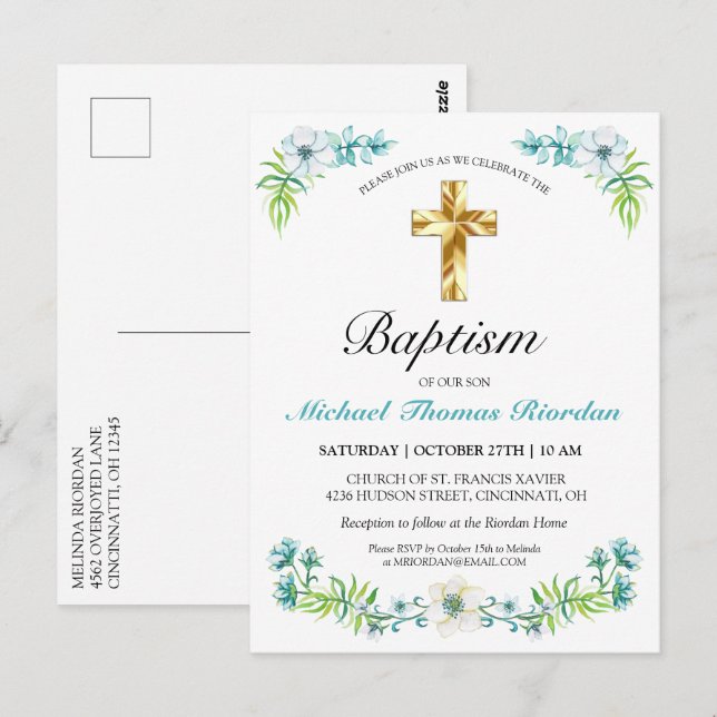 Classic Gold Cross Boy's Blue Baptism Invitation (Devant / Derrière)