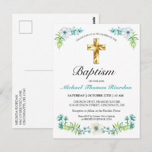 Classic Gold Cross Boy's Blue Baptism Invitation Postcard