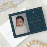 Classic Gold Cross Religious Baptism & Christening Invitation<br><div class="desc">This Classic Elegant Gold Cross Baby Photo Baptism Invitation features a simple gold glitter frame and cross,  script name,  vertical photo and clean and chic editable text. Click the edit button to customize this design.</div>