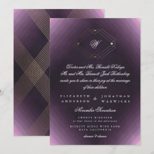Classic Gold Deco Purple Calligraphy Monogram Invitation