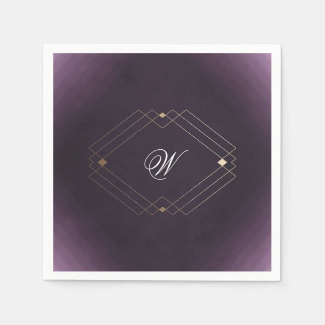 Classic Gold Deco Purple Calligraphy Monogram Napkin (Front)