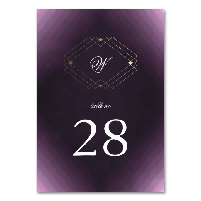 Classic Gold Deco Purple Calligraphy Monogram Table Number (Front)