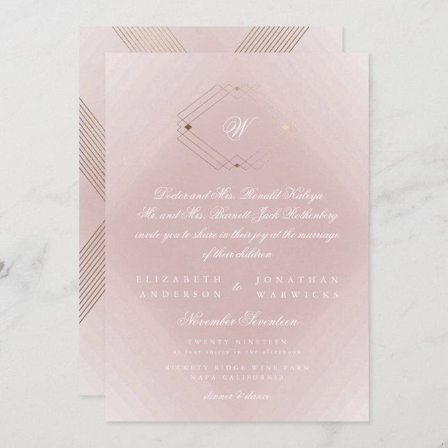 Classic Gold Dusty Rose Pink Monogram Wedding Invitation (Front/Back)