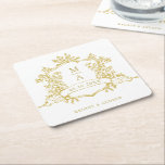 Classic Gold Floral Crest Monograms Wedding  Square Paper Coaster<br><div class="desc">CHANGEABLE FRAME & TEXT COLOR | Classic gold floral crest wedding paper coaster with monograms,  perfect for a modern classic or romantic vintage wedding. For more advanced customization of this design,  please click the BLUE DESIGN TOOL BUTTON above! Matching items are also available.</div>
