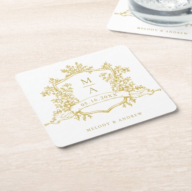 Classic Gold Floral Crest Monograms Wedding  Square Paper Coaster (Angled)