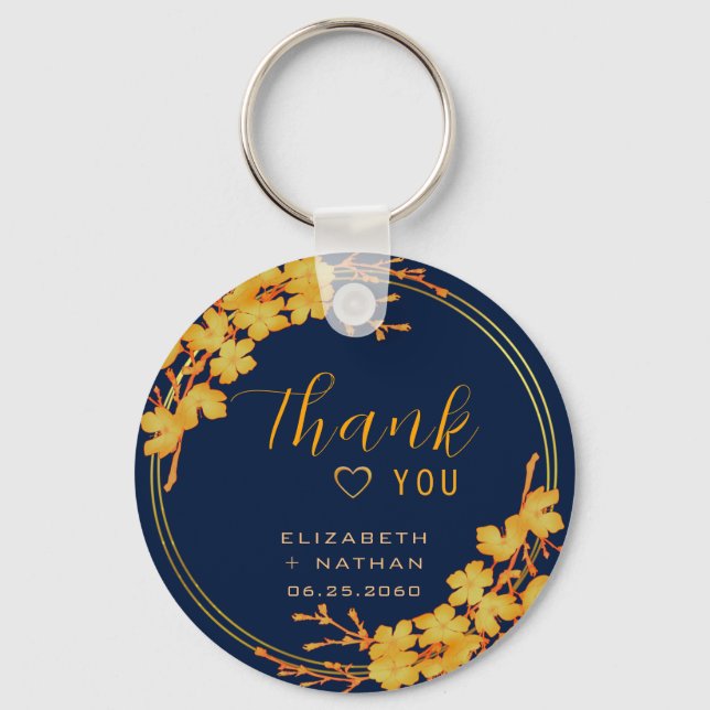 Classic Gold Floral Navy Blue Wedding Thank You Keychain (Front)