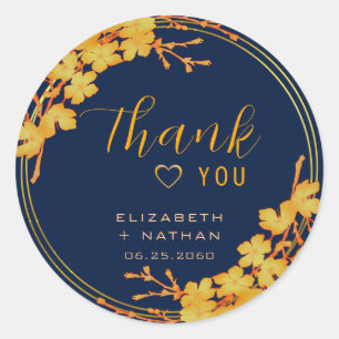Classic Gold Floral Navy Blue Wedding Thank You Round Sticker