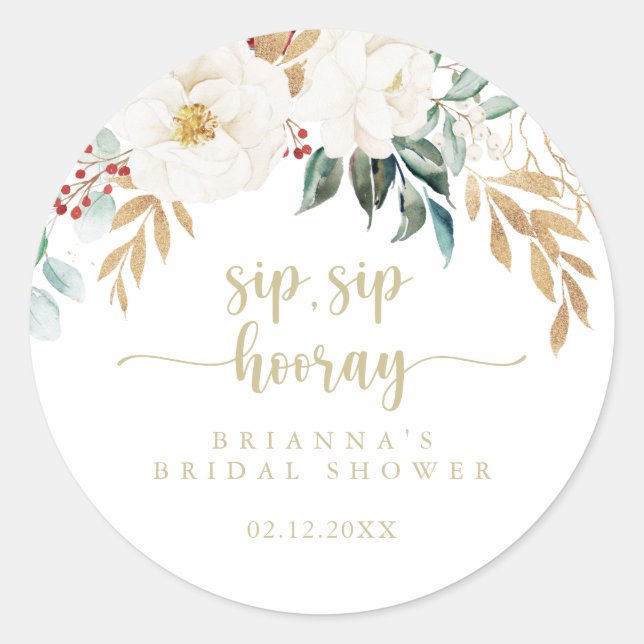 Classic Gold Floral Sip Sip Hooray Bridal Shower  Classic Round Sticker (Front)