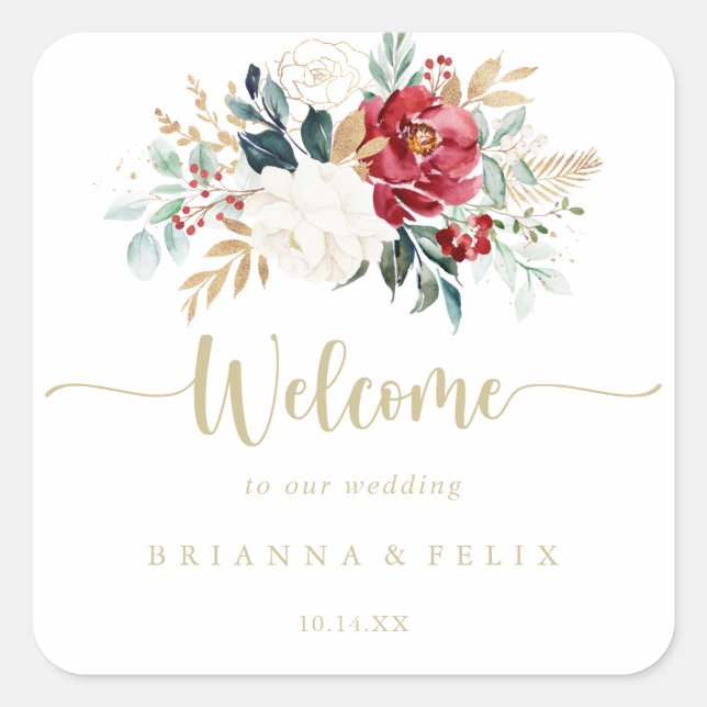 Classic Gold Floral Wedding Welcome    Square Sticker (Front)