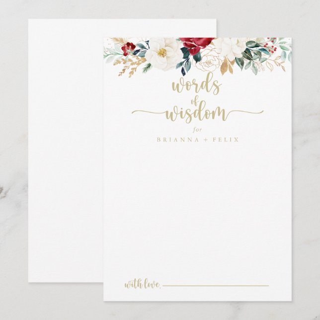 Classic Gold Floral Wedding Words of Wisdom   Advice Card (Front/Back)