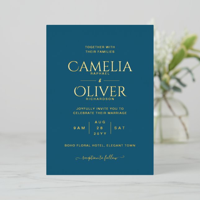 Classic GOLD FOIL Peacock Blue Wedding Elegant (Standing Front)