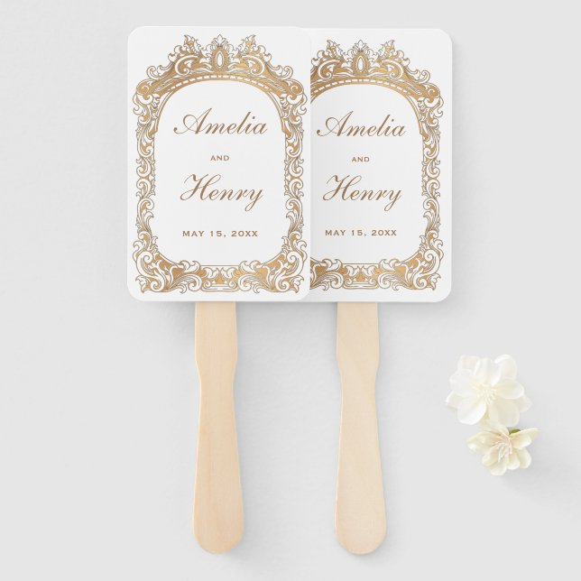 Classic Gold Frame Border White Wedding  Hand Fan (Front and Back)