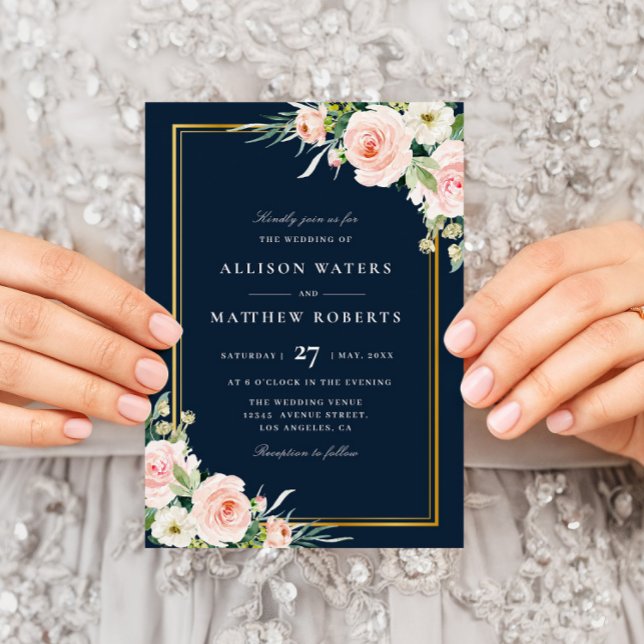 classic gold frame navy & blush floral wedding invitation (Creator Uploaded)
