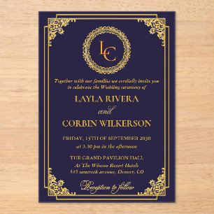 Classic Gold Frame Royal Monogram Wedding Acrylic Invitations