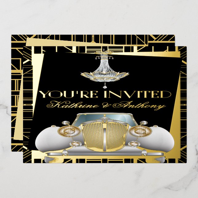 Classic GOLD Gatsby Deco Wedding  Foil Invitation (Front/Back)