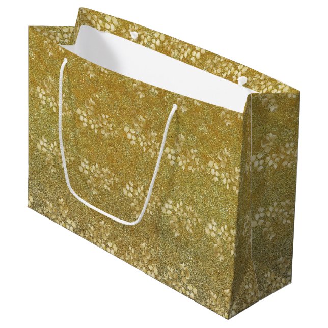 Classic Gold Glitter Floral Pattern Large Gift Bag (Front Angled)